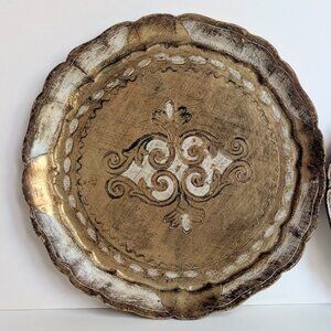 One Vintage Round Italian Florentine Gilded Tray 9.75" Hollywood Regency
